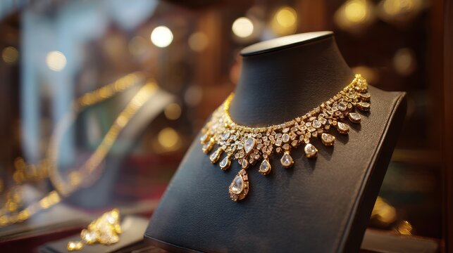 Elegant diamond and gold necklace displayed on a black bust in a luxury jewelry store
