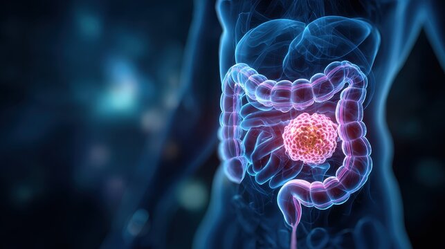 Medical illustration of colorectal cancer or tumor in the human colon, 3D anatomical visualization of digestive system disease