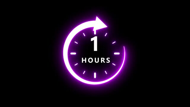A glowing neon purple circular arrow clock face displaying the number one and the word hours against a solid black background representing a time limit or countdown