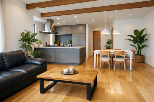 天然木のフローリングと梁が美しい開放的なLDKにあるモダンなアイランドキッチン