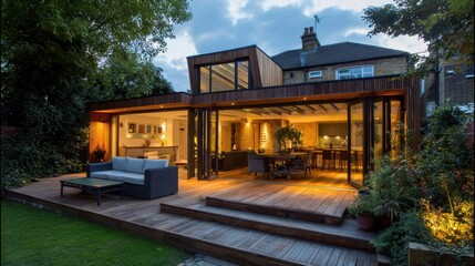 Modern house extension with wooden deck and open-plan living area at dusk