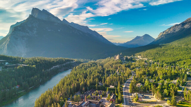 Aerial view of Banff Mountains at summer sunset