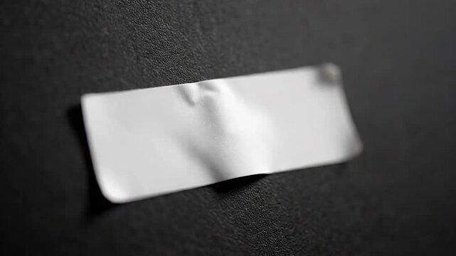 Close-up of a wrinkled white rectangular sticker against a textured black background