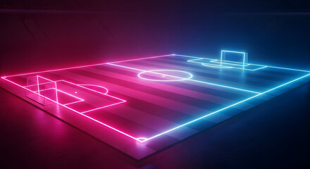 Fototapeta premium Neon soccer field with pink and blue glowing outlines in dark room
