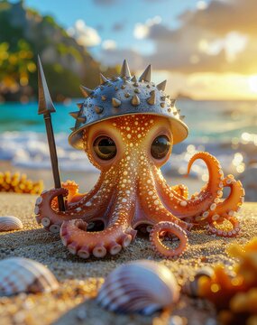 Cute Pufferfish Octo-Warrior - Fantasy Deep Sea Masterpiece.