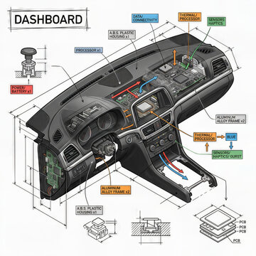 Diagram shows parts and features of a car dashboard with labels for components and connections