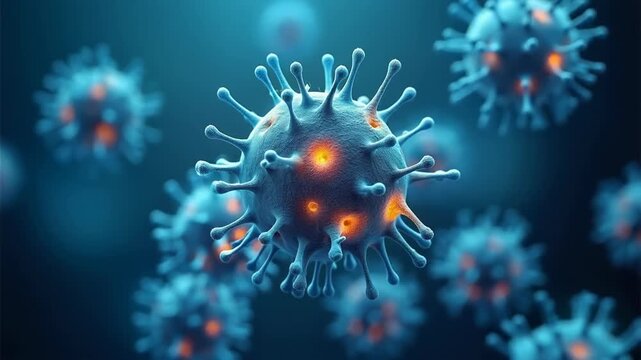 3d rendered virus cells floating on deep blue background, microscopic pathogen closeup, concept of medicine, epidemiology, pharmaceutical