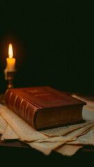 Antique leather bound book lying on weathered manuscript pages illuminated by a single warm candle flame in a dark moody library atmosphere