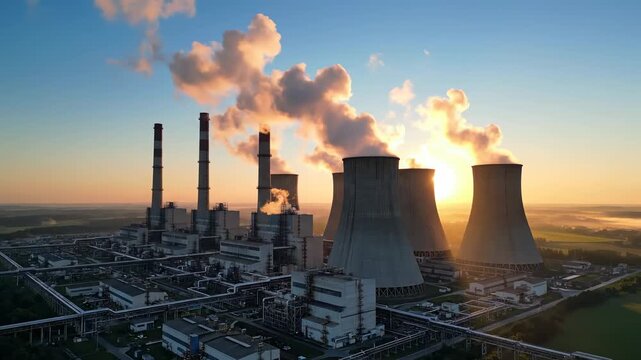 Industrial Power Plant Emitting Smoke at Sunset.