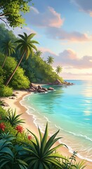 Fototapeta premium Tropical Paradise Beach Scene with Palm Trees and Turquoise Water.