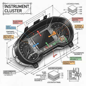 Detailed view of an instrument cluster showing parts and functions for a vehicle dashboard design