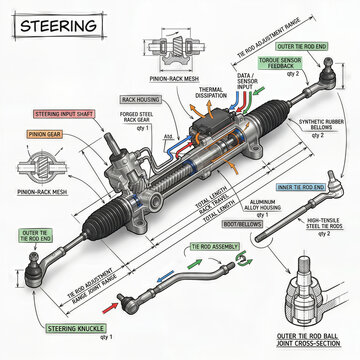 Detailed view of a steering system showing parts and connections in a vehicle during a technical review