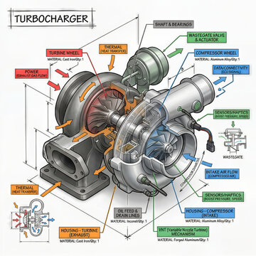 Diagram shows parts and functions of a turbocharger including airflow, power, and sensor details for better engine performance