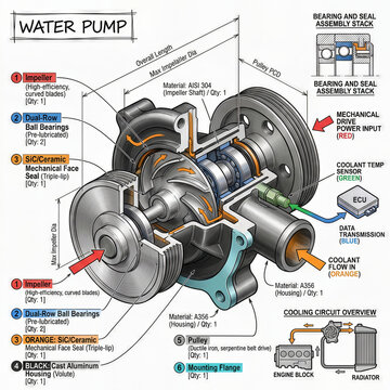 Detailed diagram of a water pump showing parts, functions, and connections in an engine cooling system