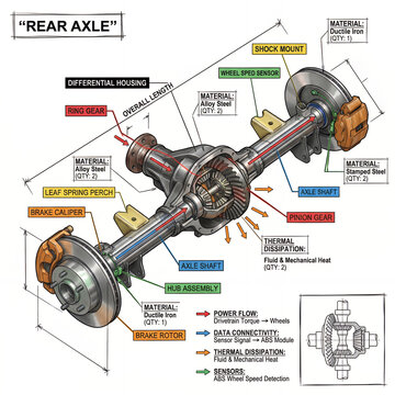 Understanding the rear axle design and its components with labels and materials explained in detail