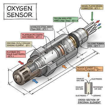 Details of an oxygen sensor with parts labeled and shown in cross section for educational purposes and reference in automotive technology