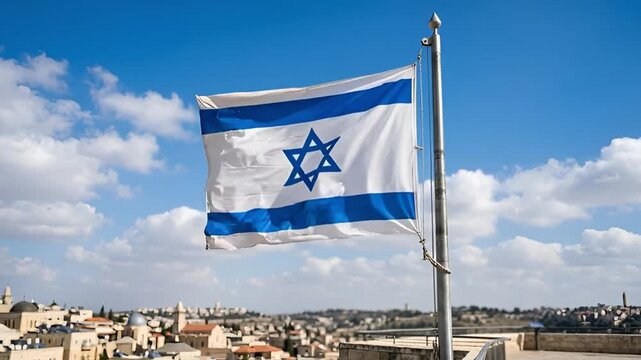 Israeli flag waving over jerusalem city
