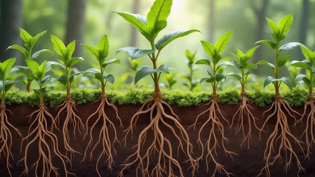 Mycorrhizal networks: fungal threads connecting plant roots sharing nutrients underground, wood wide web visualization
