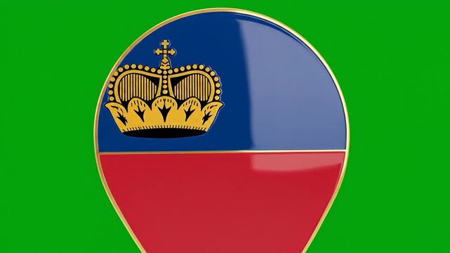 A vibrant flag of Liechtenstein displayed as a map pin icon on a solid green