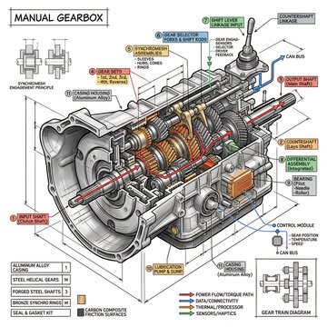 Detailed view of a manual gearbox showing parts, functions and assembly, ideal for education and understanding of vehicle mechanics