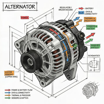 Detailed diagram shows alternator parts and connections for power flow and data processing in automotive system