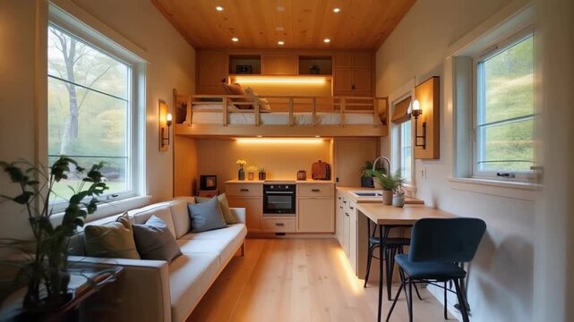 Tiny home with multi-functional furniture glowing with efficiency, minimalist lifestyle visualization