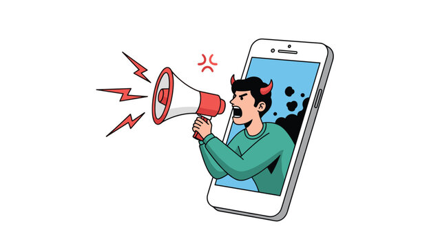 Illustration of an angry devil man coming out of a smartphone with a megaphone to represent cyberbullying or online harassment.