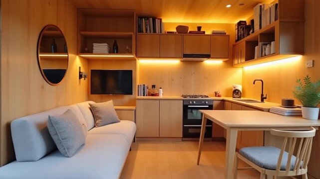 Compact living space with multi-functional furniture glowing with efficiency, minimalist lifestyle 