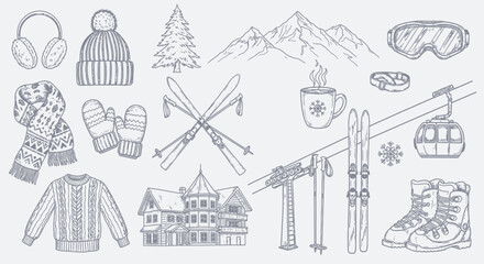 Fototapeta premium Winter themed sketches depicting clothing equipment and mountainous landscape high quality