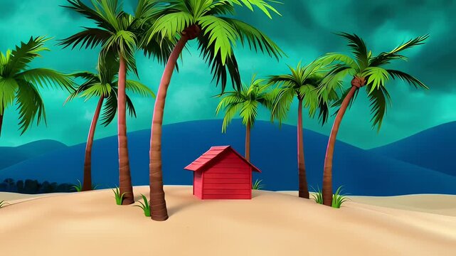 A vibrant red wooden shack sits alone on a sandy tropical island surrounded by palm trees under a dramatic teal sky.