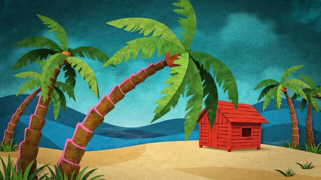 An artistic paper-cut style animation featuring a small red wooden shack on a sandy beach, with palm trees swaying against a backdrop of stylized blue ocean waves and a textured sky.
