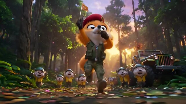A brave fox in a red beret leads a cheering squad of small animals through a sun-drenched jungle, complete with a camouflage jeep and celebratory atmosphere.