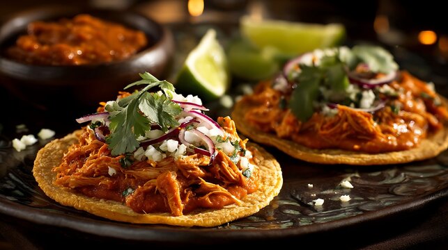 Authentic Mexican Tostadas with Shredded Chicken, Salsa, and Cheese on Rustic Wooden Board