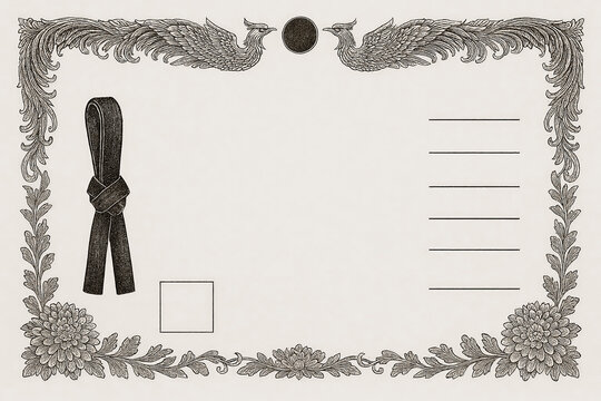 Certificate dan grade diplom karate. Old vintage diplom paper, with frame texture background art design.