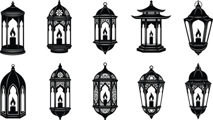 Fototapeta premium Lantern silhouettes collection, traditional decorative candle flame vector illustration, cultural festive artwork design graphic - flat vector illustration