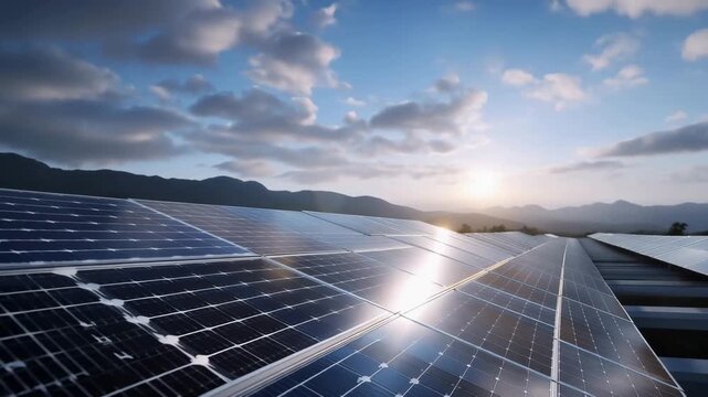 A vast field filled with photovoltaic solar panels captures sunlight, converting it into clean energy, showcasing the impact of renewable resources on modern energy demands and sustainability