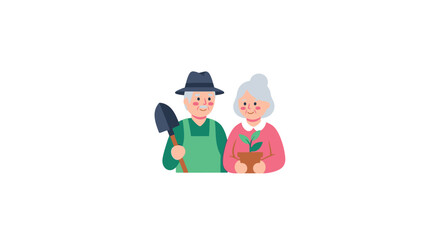 Happy Elderly Couple Gardening with Shovel and Potted Plant on Isolated White Background