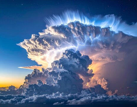 Stunning Cumulonimbus Cloud Formation Illuminated by Lightning at Sunset.
