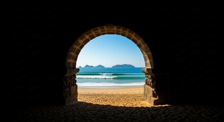 Fototapeta premium Archway framing a serene beach with mountains in the distance.