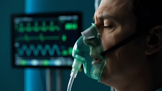 A poignant close-up of an unconscious patient wearing a green oxygen mask, with a heart rate monitor displaying vital waveforms in a dimly lit, high-tech intensive care environment.