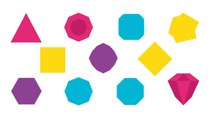 Colorful Geometric Shapes, Gemstones, and Symbols on White Background