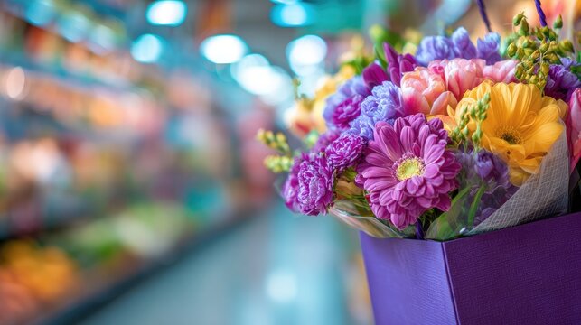 A vibrant bouquet of flowers in a purple shopping bag