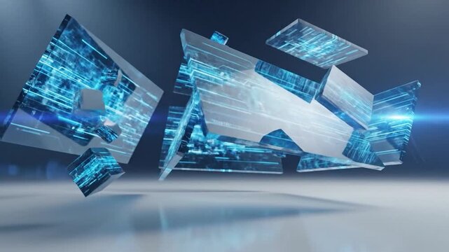 Abstract digital circuit patterns illuminate floating geometric shapes in