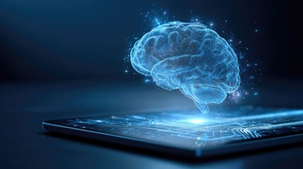 A glowing blue brain emerges from a laptop keyboard