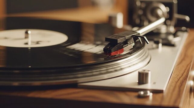 Close-up of a vintage record player with a vinyl album spinning, creating