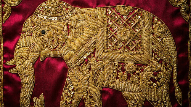Detailed gold thread embroidery of an elephant on rich red fabric adorned with beads and sequins