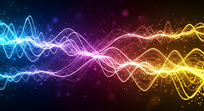 Vibrant sound wave pattern with colorful glowing particles