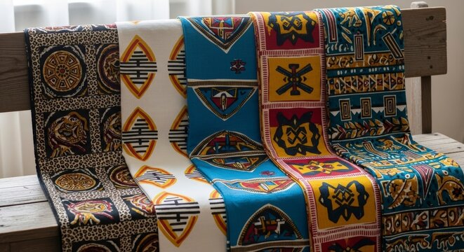 Colorful patterned fabrics draped over a wooden bench, showcasing intricate designs and vibrant hues in a well-lit indoor setting.