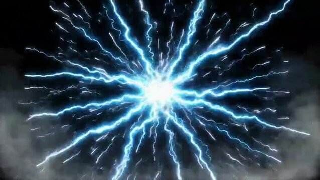 Electricity explodes in a burst of blue lightning against a dark background from a central point of view
