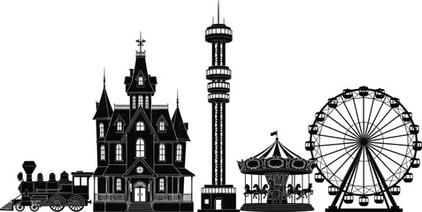Black silhouette illustration of amusement park attractions including train engine, haunted house, drop tower, carousel, and Ferris wheel, symbolizing entertainment, fun, leisure, and iconic landmarks © Tanzila